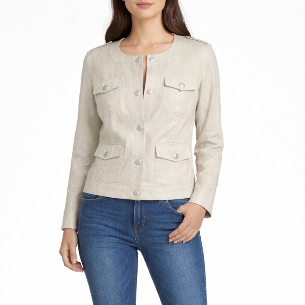 Liz Claiborne Metallic Gold Linen Snap Button Military Jacket Petite Large
